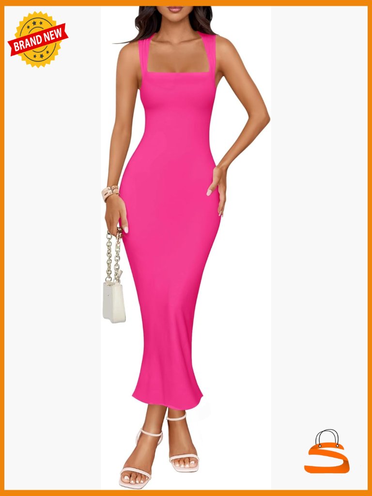 Sleeveless Square Neck Bodycon Midi Dress Back Slit Ribbed Knit Cocktail Party
